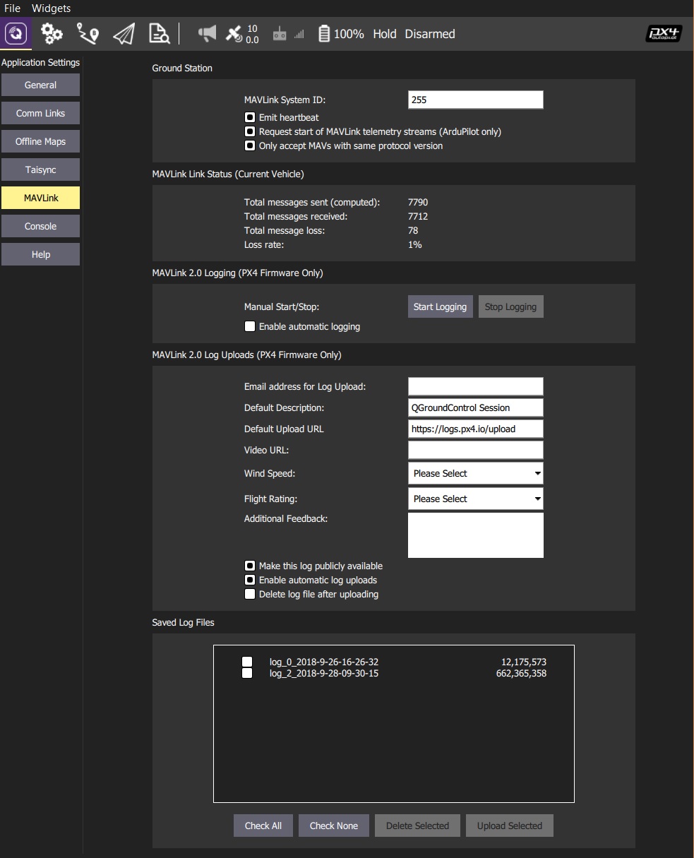 MAVLink settings screen