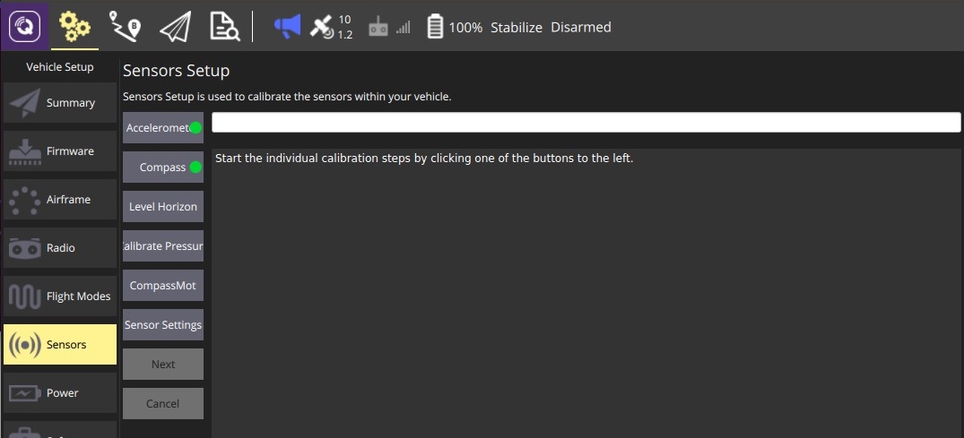 Sensors Setup screen Copter