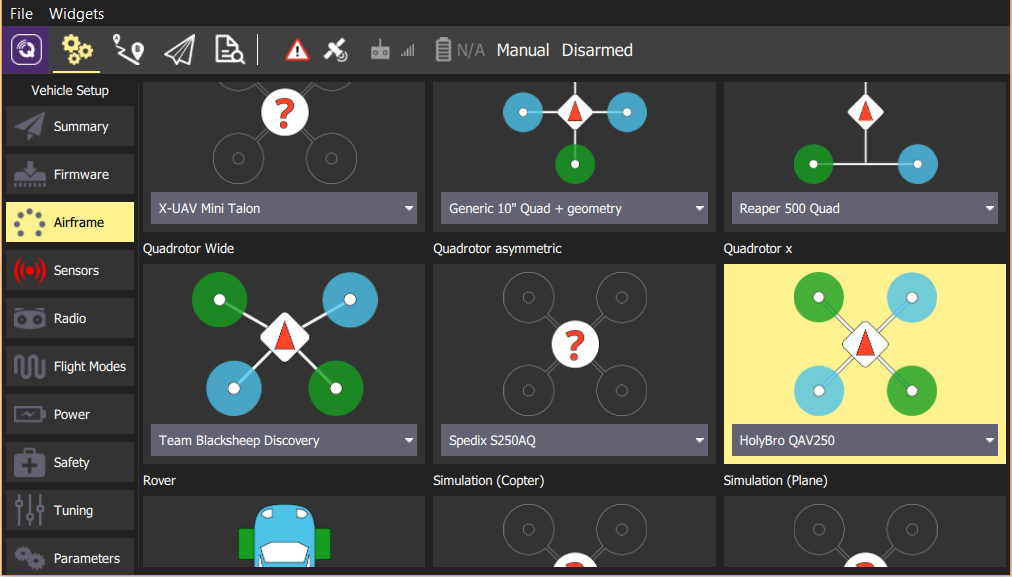 QGroundControl - Select HolyBro QAV250 airframe